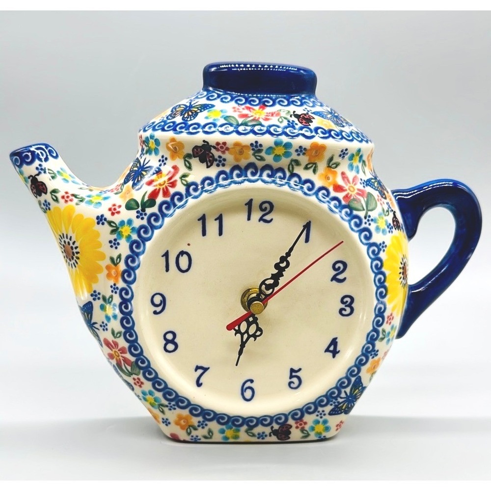 Polish Pottery Teapot Kettle Wall Mantle Clock Floral Butterfly Alla Volta